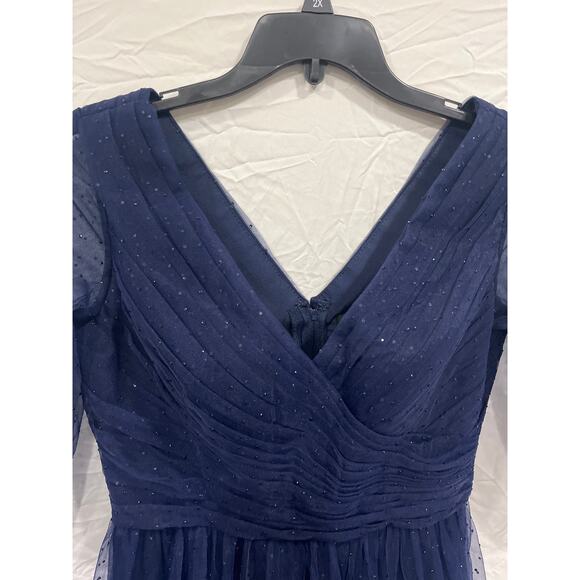 La Femme Sheer Fit & Flare Cocktail Dress Rhinestone Tulle Midnight Navy Blue - Picture 7 of 16
